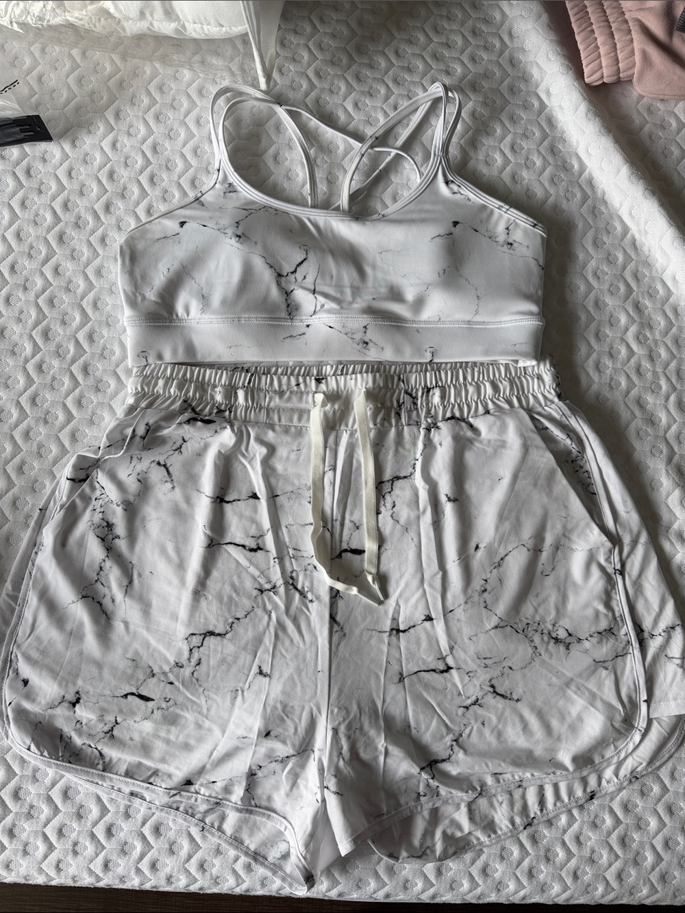 Buff Bunny White Marble Print Sports Bra & Shorts Set